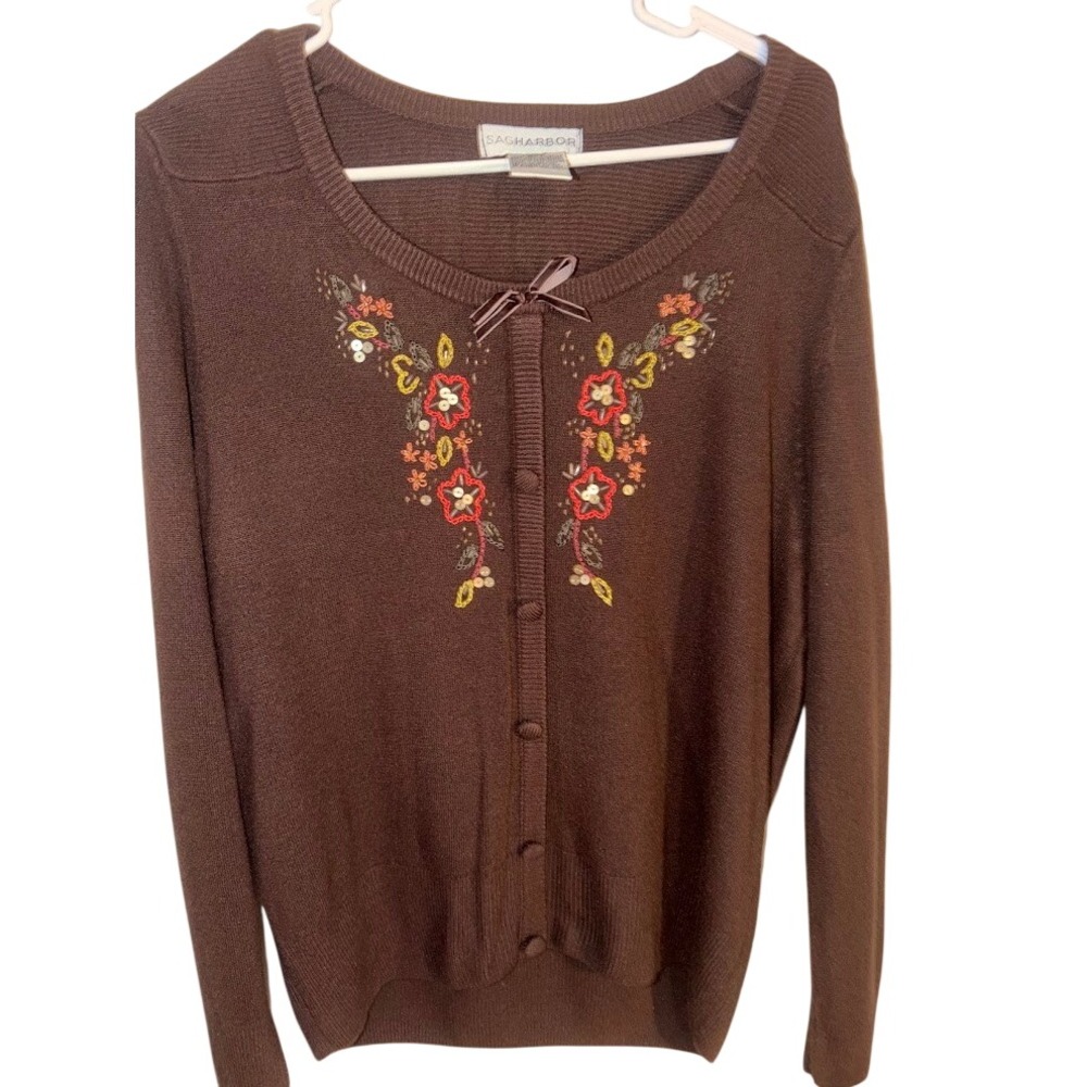 Fall Brown Floral Embroidered Sequin Cardigan Sweater Large Sag Harbor